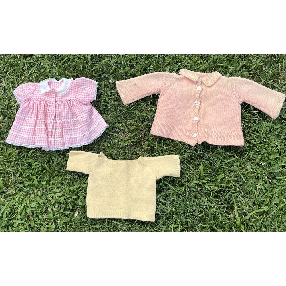 Vintage 1950s Baby Clothes Set Pink Dress Yellow & Pink Knit Sweaters Lot